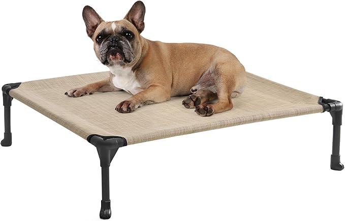 Veehoo Outdoor Elevated Dog Bed for Medium Dogs, Cooling Raised Dog Cots Beds Training Platform Off Ground Hammock with Breathable Mesh, No-Slip Feet, 32"x25", Beige Coffee