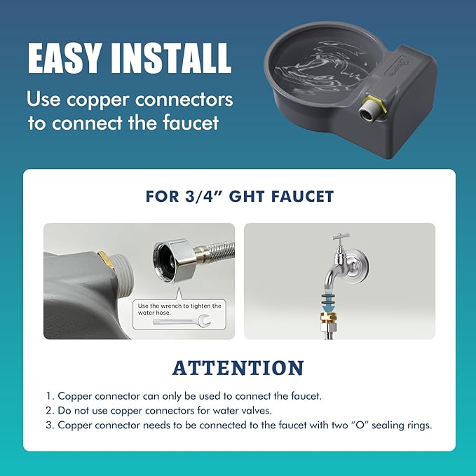 Automatic Water Dispenser for Dogs, Patented 2L Dog Water Bowl Dispenser, Automatic Chicken Waterer Fit 3/4'' GHT Faucet, Water Hose, Copper Connector Outdoor Dog Water Bowl for Livestock Animal