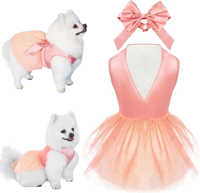 Summer Girl Dog Dress, Dog Silk Tulle Dress, Cute Princess Dogs Dresses with Bow, Lace Pet Birthday Party Outfit Puppy Tutu for Small Dogs, Fancy Puppy Clothes for Chihuahua Teacup Yorkie