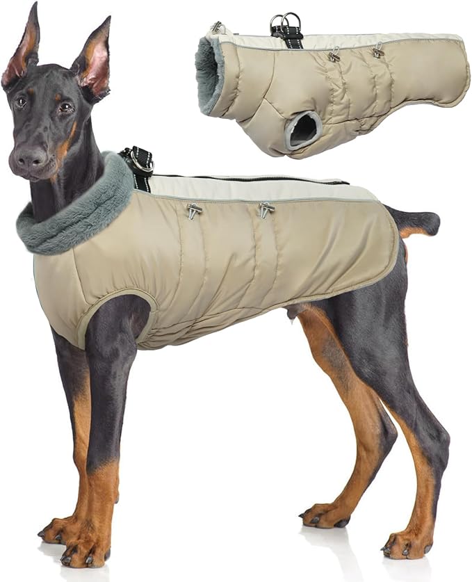 IDOMIK Warm Dog Coat with Harness, Waterproof Reflective Dog Jackets for Small Medium Large Dogs, Fleece High Collar Winter Jacket with Zipper, Pet Winter Snowsuit Clothes for Cold Weather,Khaki XL