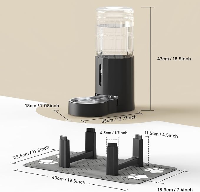 CZPET Elevated Dog Water Bowl Dispenser with Mat for Large Dogs,Tall Raised Pet Waterer Stand,Relieve Neck Pressure,Large Capacity and Drinking Area Noise-Free for Pets (9L+Stand+Mat)