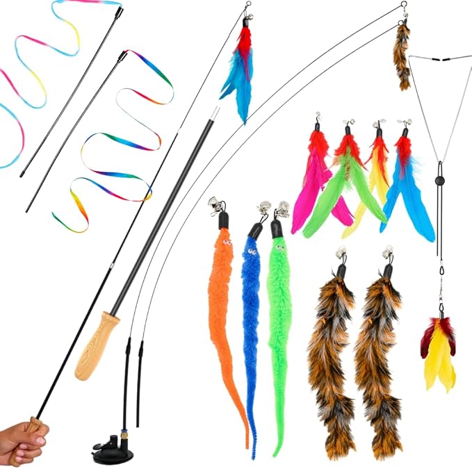 Cat Toys Set Cat Fishing Pole Retractable Wand Suction Cup & Hanging Teaser Wand for Indoor Cats & Kittens Feather Attachments Ribbon