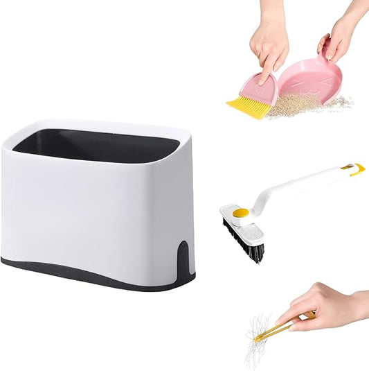 Litter Scoop Holder with Clean Kit,2-in-1 Mini Broom & Dustpan for Scattered Litter Food & Counter Trash,Cleaning Brush for Litter Box, Corners & Crevices with Built-in Tweezers to Remove Hair & Clogs