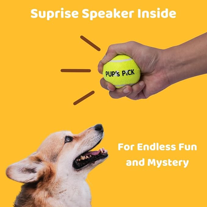 Pup's Pick Squeaky Tennis Balls - 2.5" Fun Dog Balls for Fetch, 12-Pack in Bright Colors (Yellow, Blue, Pink, Orange), Includes 1 Reusable Carry Bag