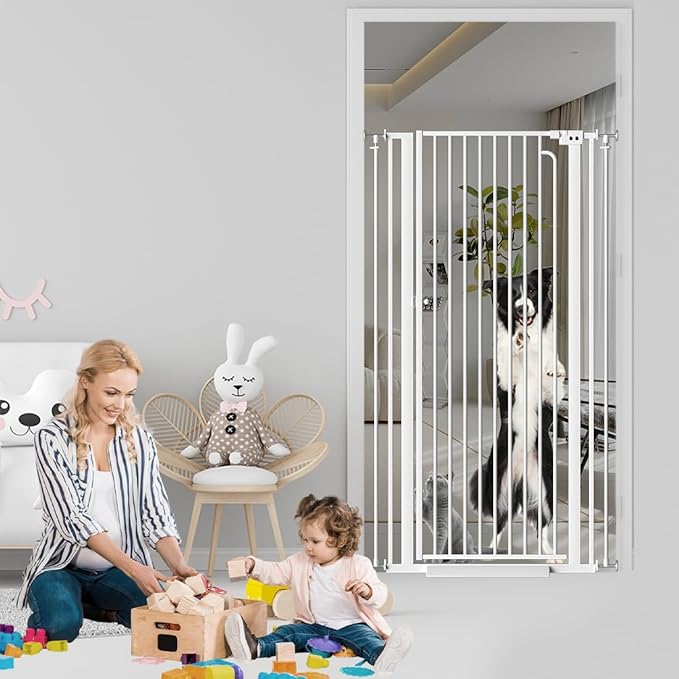 57" Extra Tall Cat Gate for Doorways, 29.5"-38.5" Tall Pet Gates for Cats Walk Through, Auto Close High Baby Gates with Door, Child Safety Gate Indoor Stairs, Cat Proof Gate for Dogs, White