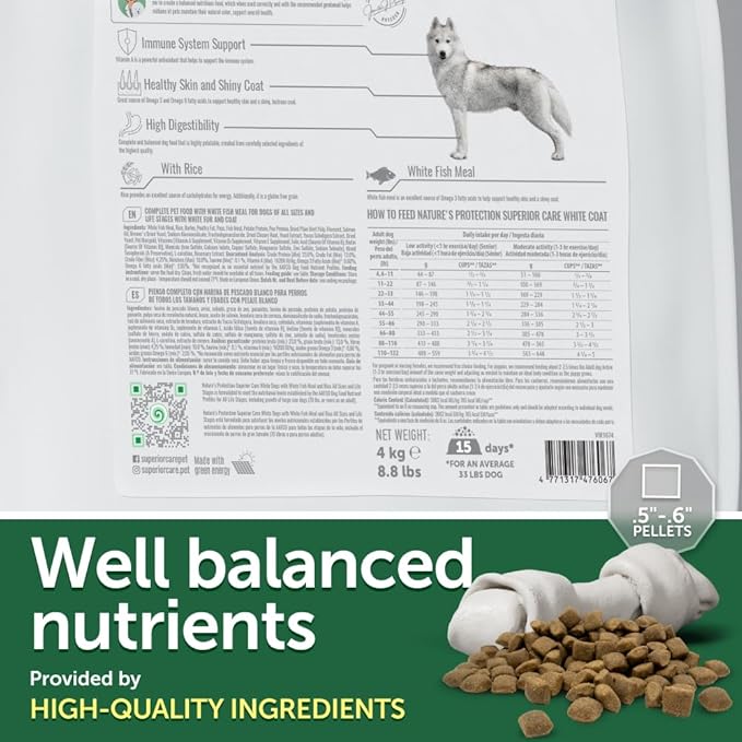 Nature's Protection Superior Care White Dogs Rice Based Dry Dog Food - High Protein, Tear Stain Dog Food for All Breeds Light Coated All Life Stages Dogs, Fresh Pet Meal, White Fish, 8.8 lb