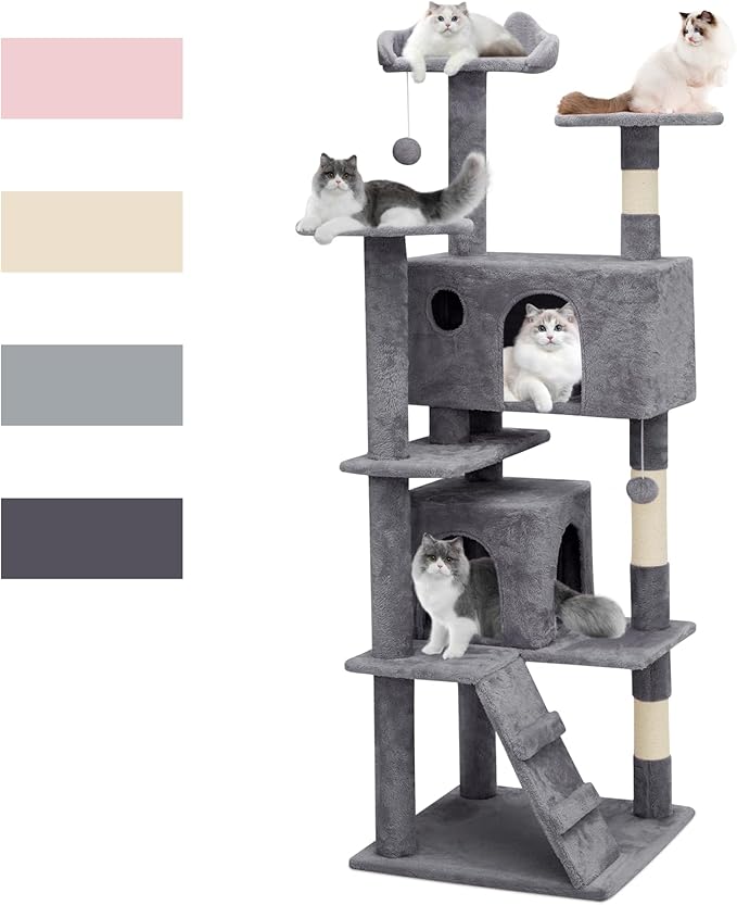 Magshion Cat Tree 60" Cats Tower for Indoor Cats, Multi-Level Cat Condo with Scratching Post, Top Perch, Sisal Board and Dangling Ball, Cat Stand Jumping Platform Kittens Pet Play House (Smoke Grey)