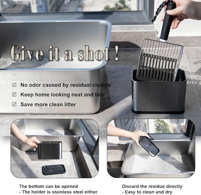 Metal Cat Litter Scoop with Holder, Stainless Steel Cat Litter Scooper Holder Trash Container, Heavy-Duty Kitty Poop Scooper with Coarse and Fine Grids for All Litter Pan