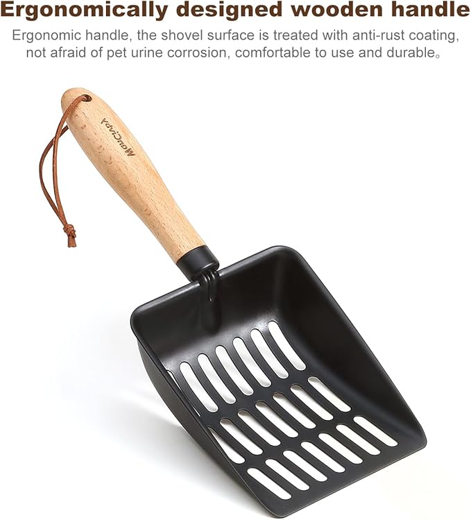 Premium Cat Litter Scoop with Ergonomic Beech Wood Handle - Stainless Steel Sifter with Hook & Hole for Easy Cleaning, Durable & Odor-Free (Teflon)