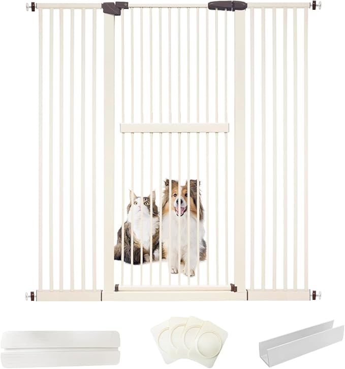 Lumizone Extra Tall Cat Gate 61.02" High Pressure Mounted Extra Wide 55.12"-59.24" (17Sizes) 1.37" Gap No Drilling Auto-Close Tall Pet Gate for Dogs (Cream, 55.12"-59.24"/140-150cm)
