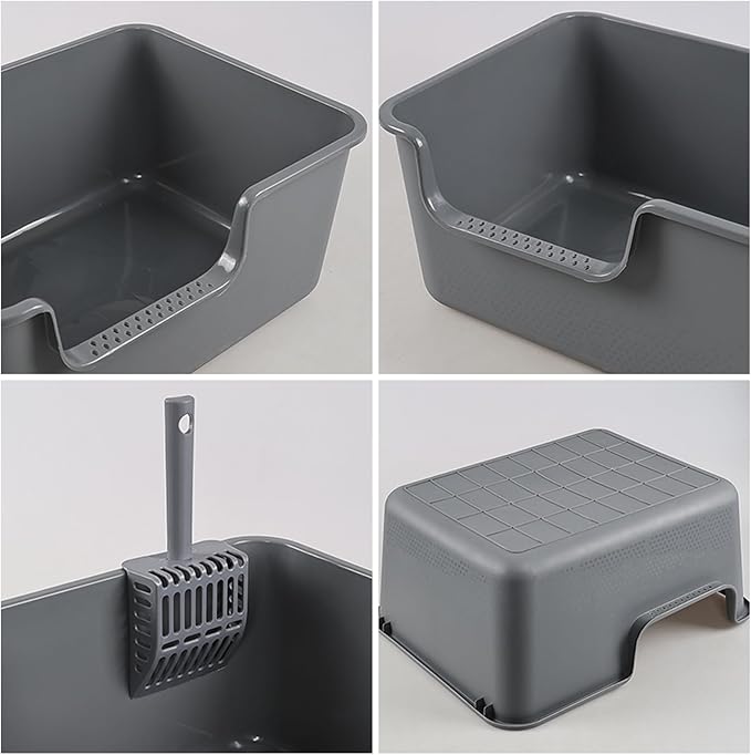 4-Pack Plastic Open Top Kitty Litter Box, Cat Litter Box with High Sides, Including 4 Scoops, Grey