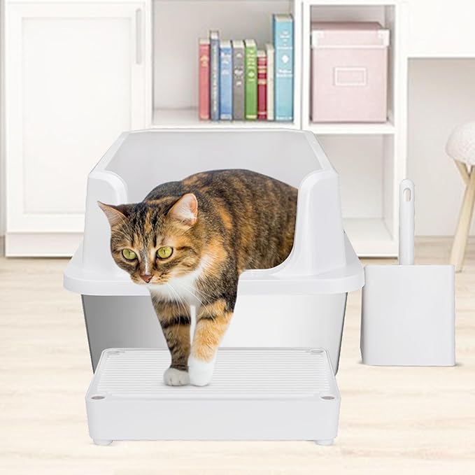 RIZZARI Large Stainless Steel Cat Litter Box: White Open Top Leak-Proof Large Cat Pan - Odor Control for Multi-Cat Homes - Living Room Balcony Use