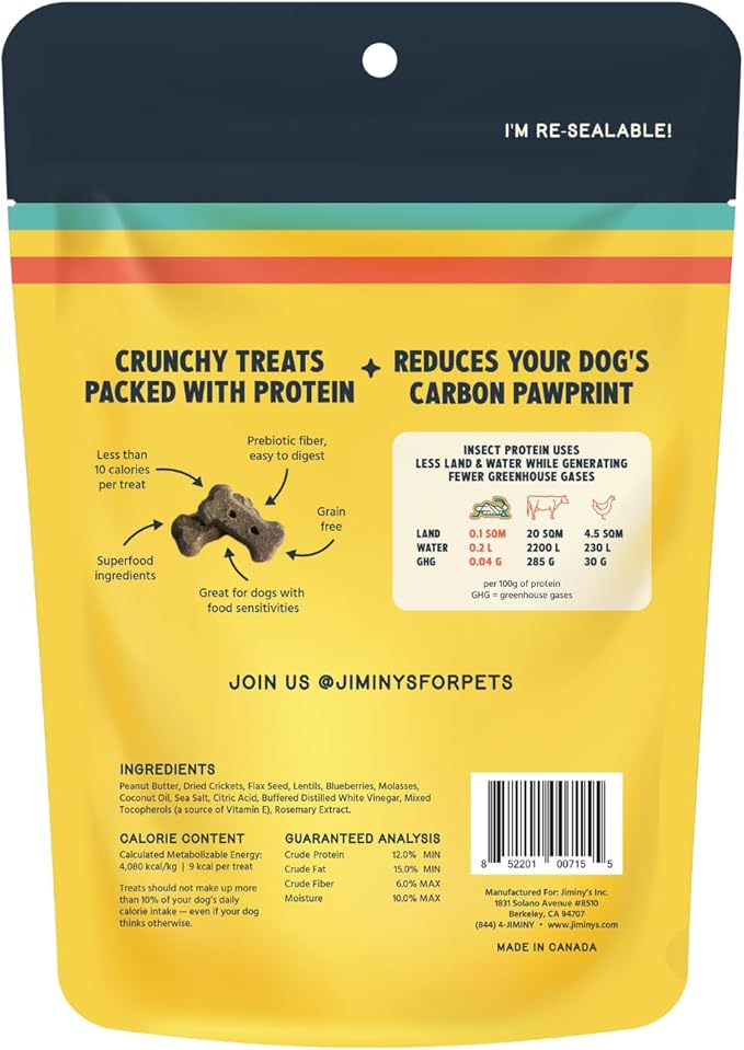 Jiminy's Crunchy Peanut Butter & Blueberry Dog Treat, Hypoallergenic, Prebiotic, Tummy Friendly, Low Calorie, Alternative Cricket Protein, Sustainable, 5oz (Pack of 1)