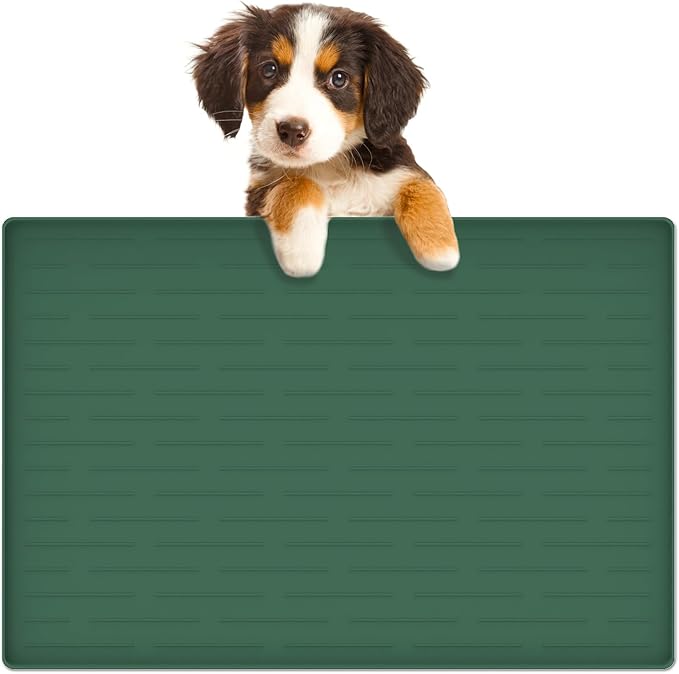 24"x16" Large Dog Food Mat, Silicone Dog and Cat Mats for Food and Water Bowls, Waterproof Raised Edge Pet Feeding Mat for Contain Spills Protects Floors, Multiple Colors & Sizes for Pets, Deep Green