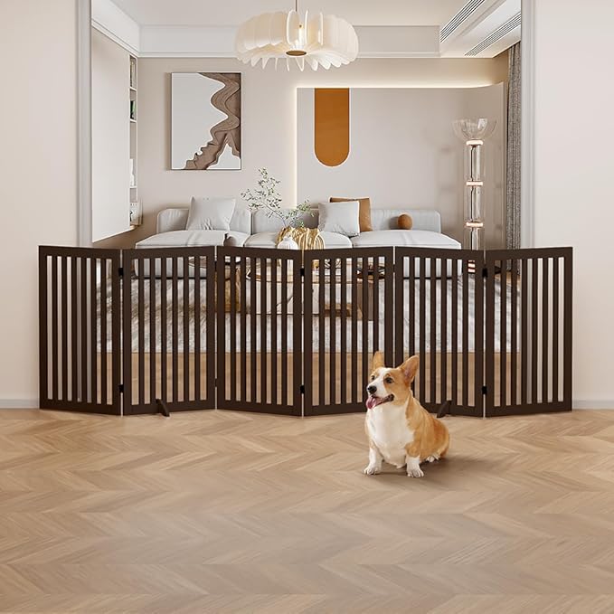 unipaws 120" Extra Wide Pet Gate, Free Standing Dog Gate for Doorways, Stairs, Foldable Gate & Room Divider, Wooden Puppy Playpen, Expandable Barrier for The House, Indoor Use (36" H, Espresso)