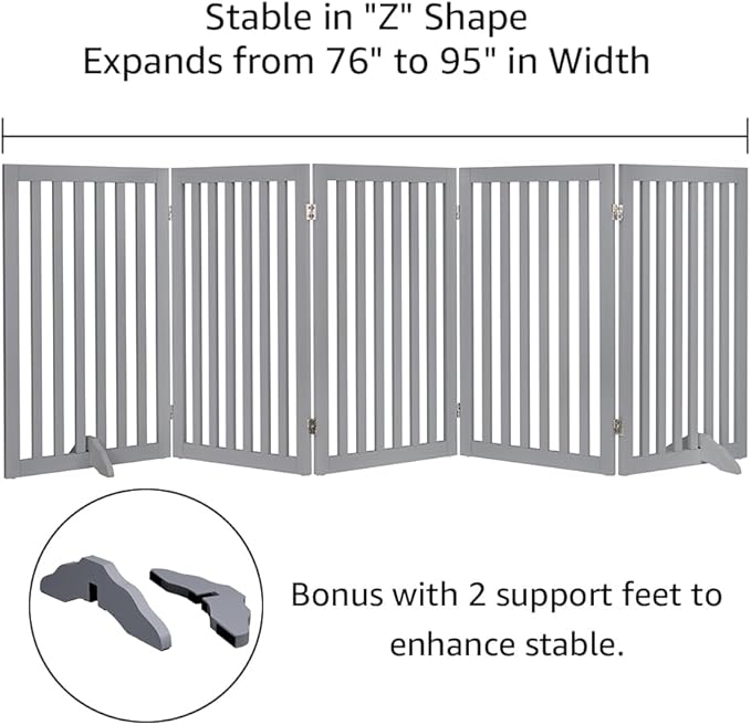 unipaws 36”H Free Standing Pet Gate for Dogs and Cats, Tall Wooden Dog Gates for Doorway, Stairs, Dog Room Divider, Foldable Pet Fence for The House, Expandable Barrier, Indoor Use, Grey