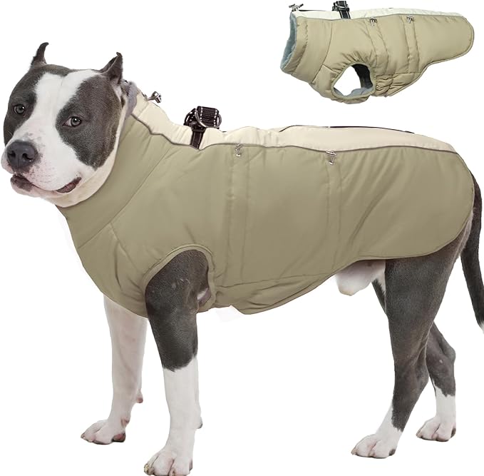 Dog Winter Jacket - XX Large, Warm Zip Up Snowsuit Dog Harness Vest, Reflective, Water-Resistant, Apricot