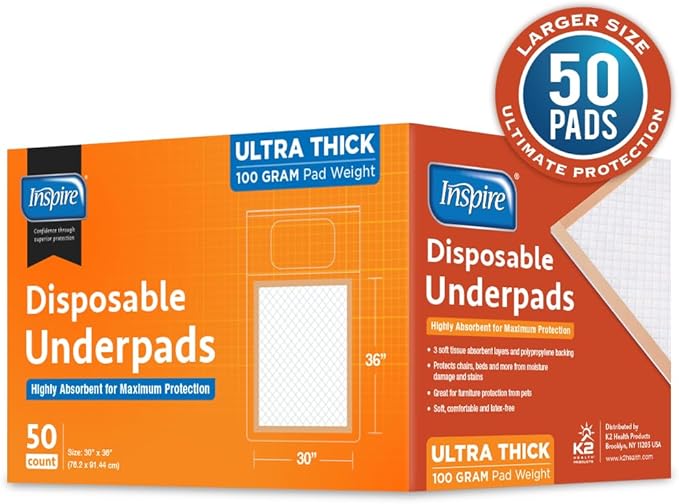 Inspire XL 30 x 36 Ultra 100 Grams Super Absorbent Bed Pads for Incontinence (50)
