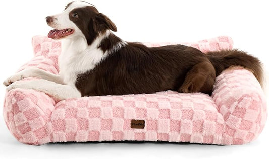 MADE 4 PETS Dog Couch Bed, Soft Faux Fur Checkered Indoor Pet Sofa, Comfortable Fluffy Dog Sofa with Supportive Foam, Removable Washable Cover with Non-Slip Base, Pink, Large
