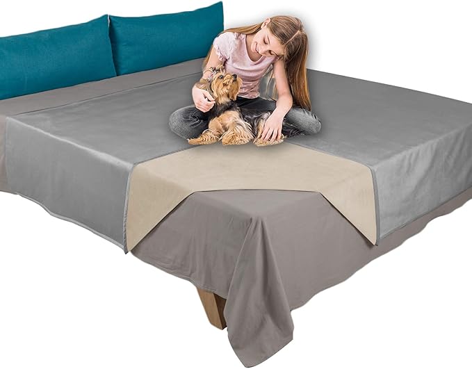 Ameritex Pet Bed Blanket Reversible 100% Waterproof Velvet Super Soft for Sofa and Bed (82x102 Inches, Light Grey+Beige)