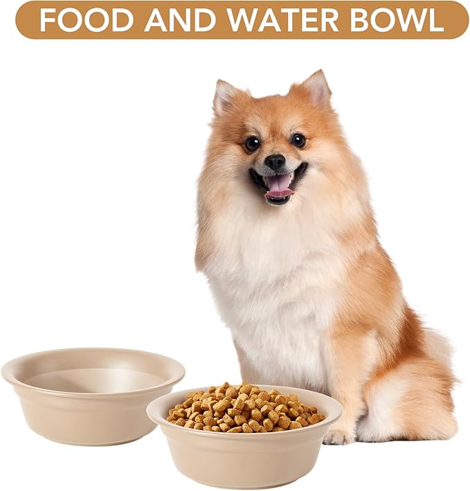 Ceramic 6.3inch Set of 2 Dog Bowls, 2pcs Basic Food and Water Dishes for Small and Medium Dogs, Wide Opening Rounded Edge (2 Bowls, Oat Beige)