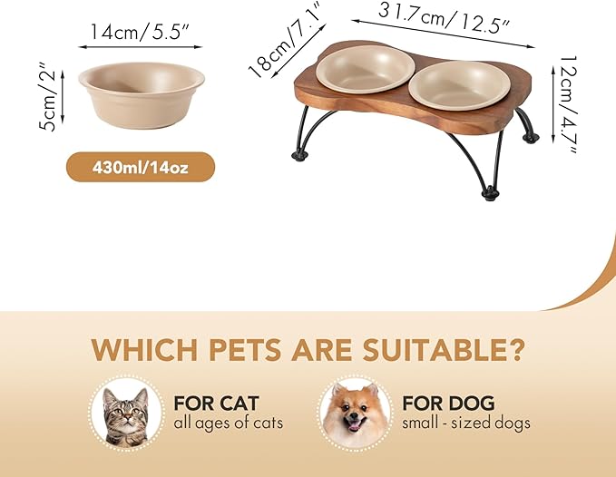 Ceramic 5.5-inch Raised Double-Bowl Set with Non-Slip Stand, Food & Water Dishes for Puppies and Cats, Wide Opening with Rounded Edges(Oat Beige)
