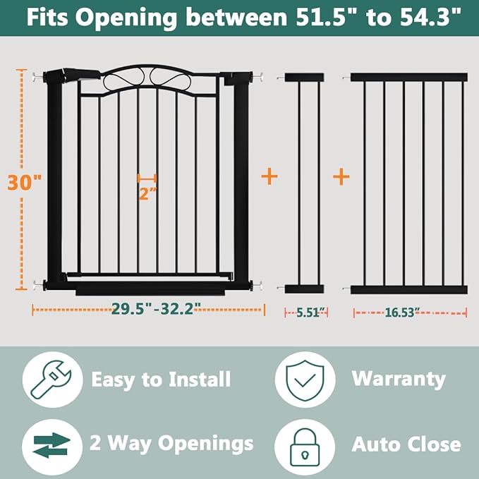 Black Wide Baby Gate with Door-Walk Through Baby Gates for Stairs Pressure Mounted no Drill-Indoor Tension Metal Child Pet Dog Safety Gate 51.57"-54.33" inches Wide