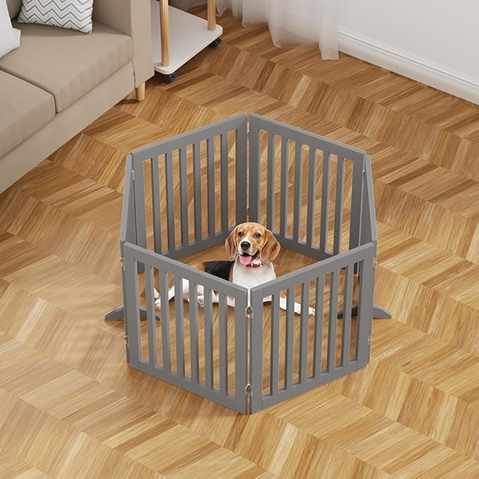 unipaws 120" Extra Wide Pet Gate, Free Standing Dog Gate for Doorways, Stairs, Foldable Puppy & Room Divider, Wooden Playpen for The House, Indoor Use (24" H, Grey)
