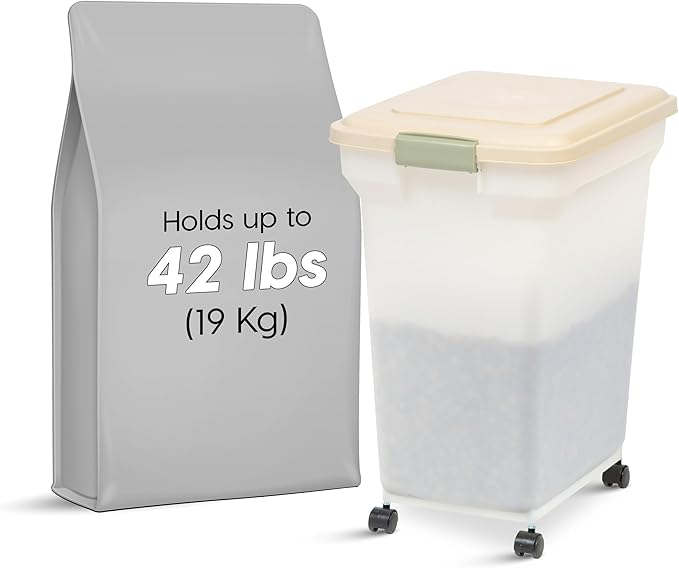 IRIS USA Airtight Dog Food Storage Container, WeatherPro, Up to 40 lbs, Removable Wheels, for Dog Cat Bird and Other Pet Food Storage Bin, Keep Fresh, Translucent Body, Made in USA, Pearl/Almond