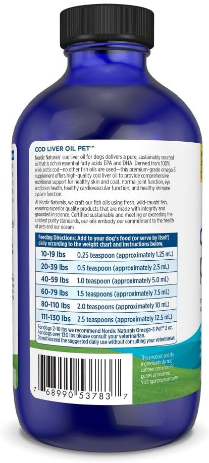 Nordic Naturals Pet Cod Liver Oil, Unflavored - 8 oz - 1048 mg Omega-3 Per Teaspoon - Fish Oil for Dogs with EPA & DHA - Promotes Skin, Coat, & Immune Health