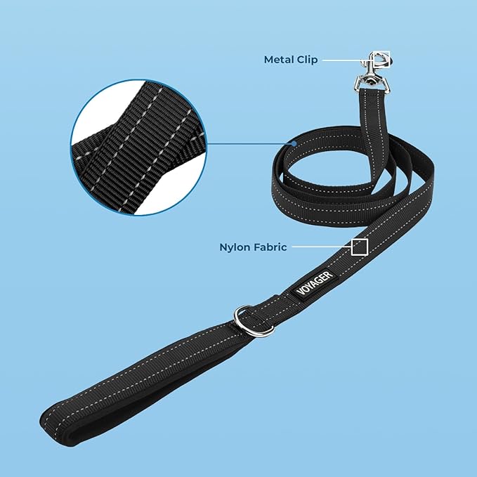 Voyager Reflective Dog Leash Collar Set with Neoprene Handle Supports Small, Medium, and Large Breed Puppies, Cute and Heavy Duty for Walking, Running, and Training - Black, L