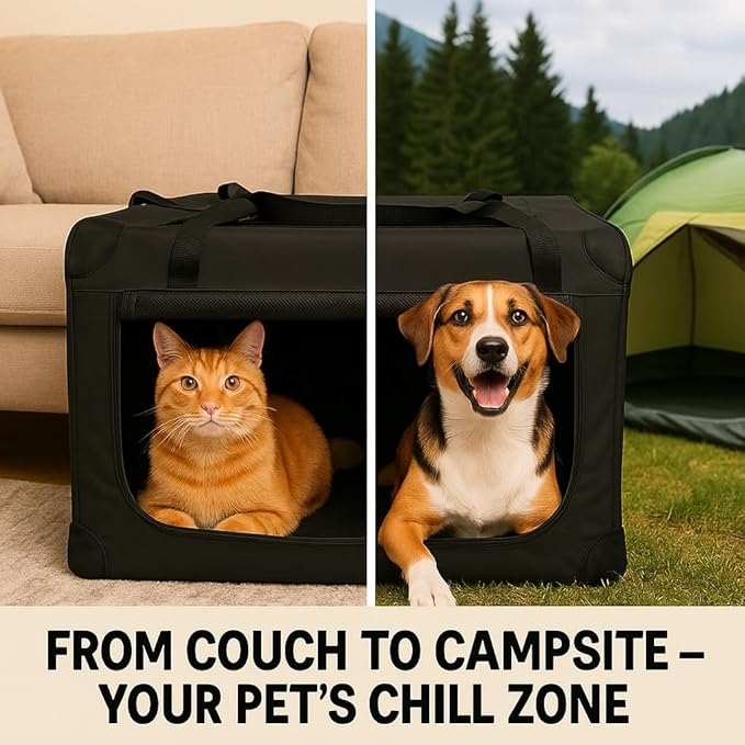 Meraki Home 3-Door Soft-Sided Mesh Pet Carrier – Portable Foldable Travel Crate Kennel for 2 Cats, Medium Dogs, Rabbits – Indoor/Outdoor Use, M Size (27"x21"x21"), Black