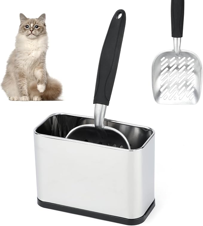 Heavy-Duty Cat Litter Scoop with Holder, Metal Cat Scooper Holder Trash Container, Aluminum Kitty Poop Sifting Shovel Captures All Clumps, Speed Sifter Litter Box Scooper with Cats Caddy