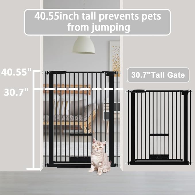 40.55" Tall 1.37" Ultra Narrow Spacing Dogs Pets Baby Gate with Door for Doorway Cat Safety Proof Indoor 30.12-45.87" Extra Wide Puppy Pressure Mounted No Drill White Black Metal Hallway