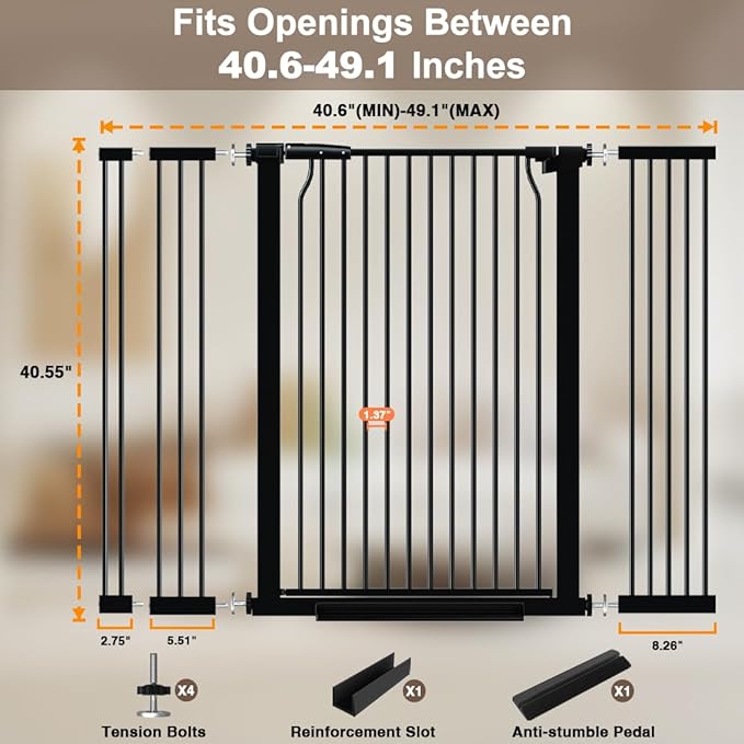 40.55" Extra Tall Baby Gate for Doorways, 40.6-49.1 in Wide Dog Gate Indoor, Walk Through Tall Pet Gates No Drilling, Pressure Mounted Child Safety Gate with Door for House Doggie, Black