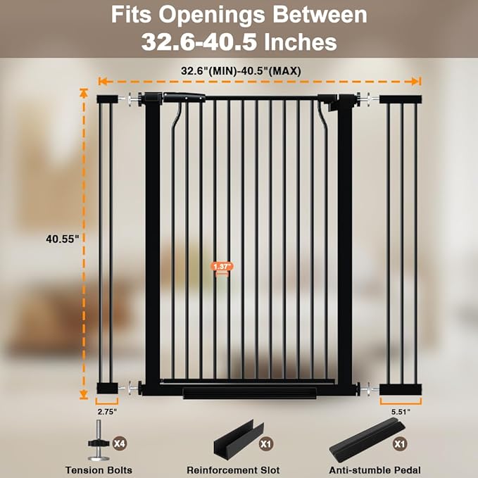 40.55" Extra Tall Baby Gate for Doorways, 32.6-40.5 in Wide Dog Gate Indoor, Walk Through Tall Pet Gates No Drilling, Pressure Mounted Child Safety Gate with Door for House Doggie, Black
