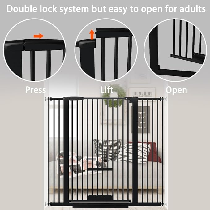 40.55" Tall 1.37" Ultra Narrow Spacing Dogs Pets Baby Gate with Door for Doorway Cat Safety Proof Indoor Extra 30.12-34.06" Wide Puppy Pressure Mounted No Drill White Black Metal Hallway
