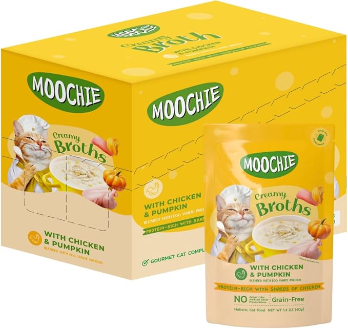 MOOCHIE Grain Free Creamy Broth for Cats - Made with Real Chicken & Pumpkin - No Artificial Flavors or Preservatives - 16 x 1.4 oz Pouch