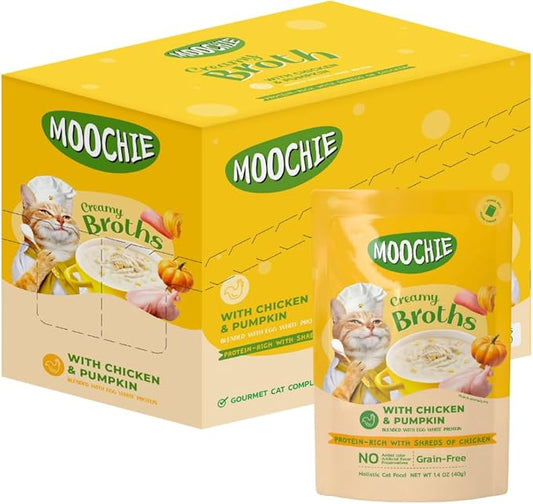 MOOCHIE Grain Free Creamy Broth for Cats - Made with Real Chicken & Pumpkin - No Artificial Flavors or Preservatives - 16 x 1.4 oz Pouch