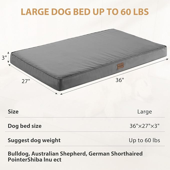 BFPETHOME Outdoor Dog Bed for Large Dogs, Waterproof, Orthopedic with Removable Washable Cover, Egg Crate Foam Mat (36 x 27 In, Dark Grey)