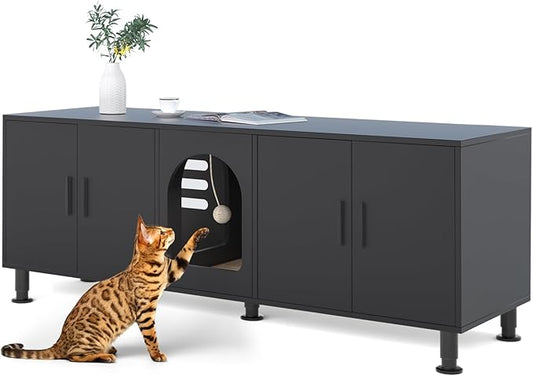 Double Litter Box Enclosure, Litter Box Enclosure for 2 Litter Boxes, Modern Litter Box Furniture for 2 Cats, with Cat Door & Motion Light (Black)