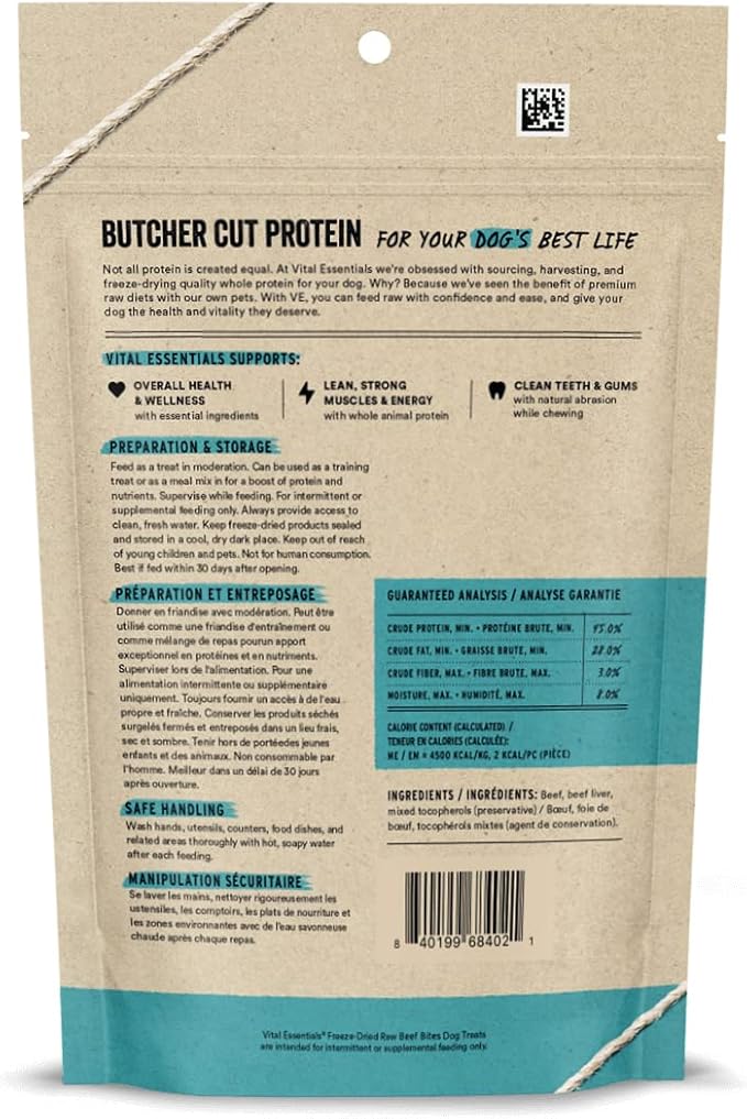 Vital Essentials Beef Bites Dog Treats, 6.2 oz | Freeze-Dried Raw | Single Protein | Premium Quality High Protein Training Treats | Grain Free, Gluten Free, Filler Free