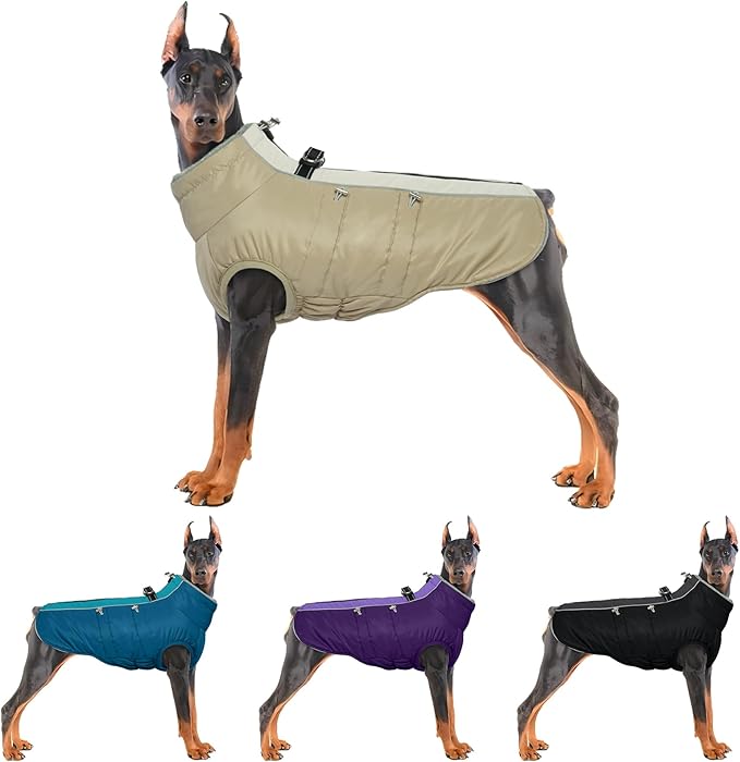 IDOMIK Warm Dog Coat with Harness, Waterproof Reflective Dog Jackets for Small Medium Large Dogs, Fleece High Collar Winter Jacket with Zipper, Pet Winter Snowsuit Clothes for Cold Weather,Khaki 3XL