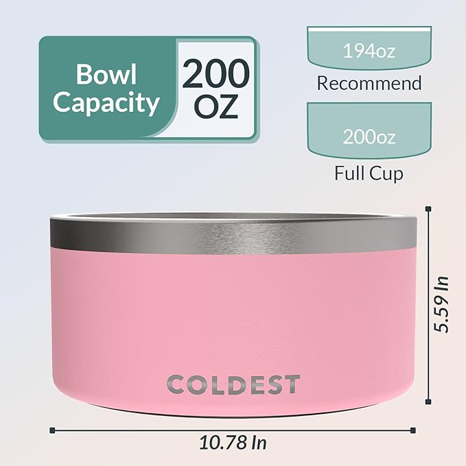 Coldest Dog Bowl - Anti Rust Metal, Non Slip, 3 Layers Insulated Stainless Steel Dog Bowls - Spill Proof & Heavy Duty - Water Bowl for Dogs, Cats & Pets, Dish Washer Safe (200 oz, Cotton Candy Pink)
