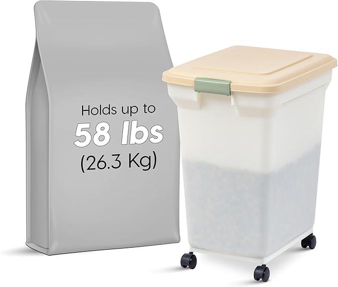 IRIS USA WeatherPro Airtight Dog Food Storage Container, Up to 58 lbs, Attachable Wheels, For Dog Cat Bird and Other Pet Food Storage Bin, Keep Fresh, Translucent Body, Pearl/Almond