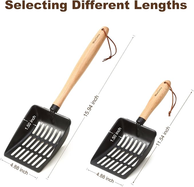Premium Cat Litter Scoop with Ergonomic Beech Wood Handle - Stainless Steel Sifter with Hook & Hole for Easy Cleaning, Durable & Odor-Free (Teflon Long)