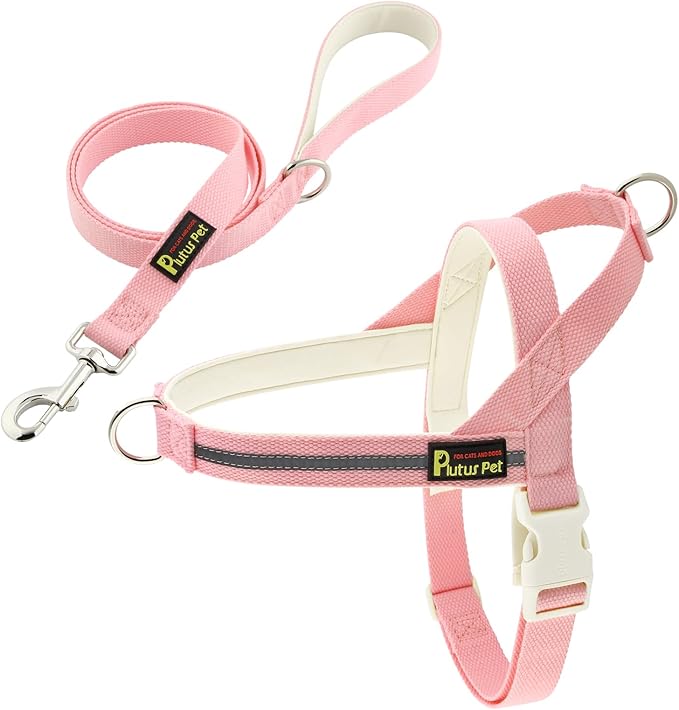 Plutus Pet Cotton Dog Harness and Leash Set, Reflective and Soft Padded, Quick Fit Vest Harness, for Small, Medium and Large Dogs, Pink, S