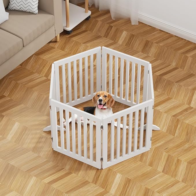 unipaws 120" Extra Wide Pet Gate, Free Standing Dog Gate for Doorways, Stairs, Foldable Puppy & Room Divider, Wooden Playpen for The House, Indoor Use (24" H, White)