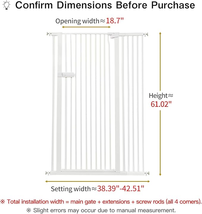 Lumizone Extra Tall Cat Gate 61.02" High Pressure Mounted Extra Wide 2025 New (17 Sizes) 1.37" Gap No Drilling Auto-Close One-Handed Operation Tall Pet Gate for Dogs(White, 38.39"-42.51"/97.5-107.5CM)