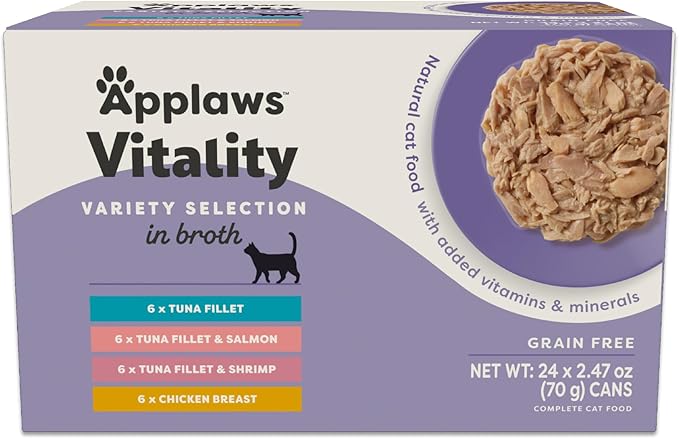 Applaws Vitality Wet Cat Food in Broth, Natural Cat Food with Added Vitamins & Minerals, Grain-Free, Carrageenan Free, Variety Selection in Broth (24 Count, 2.47 oz Cans)
